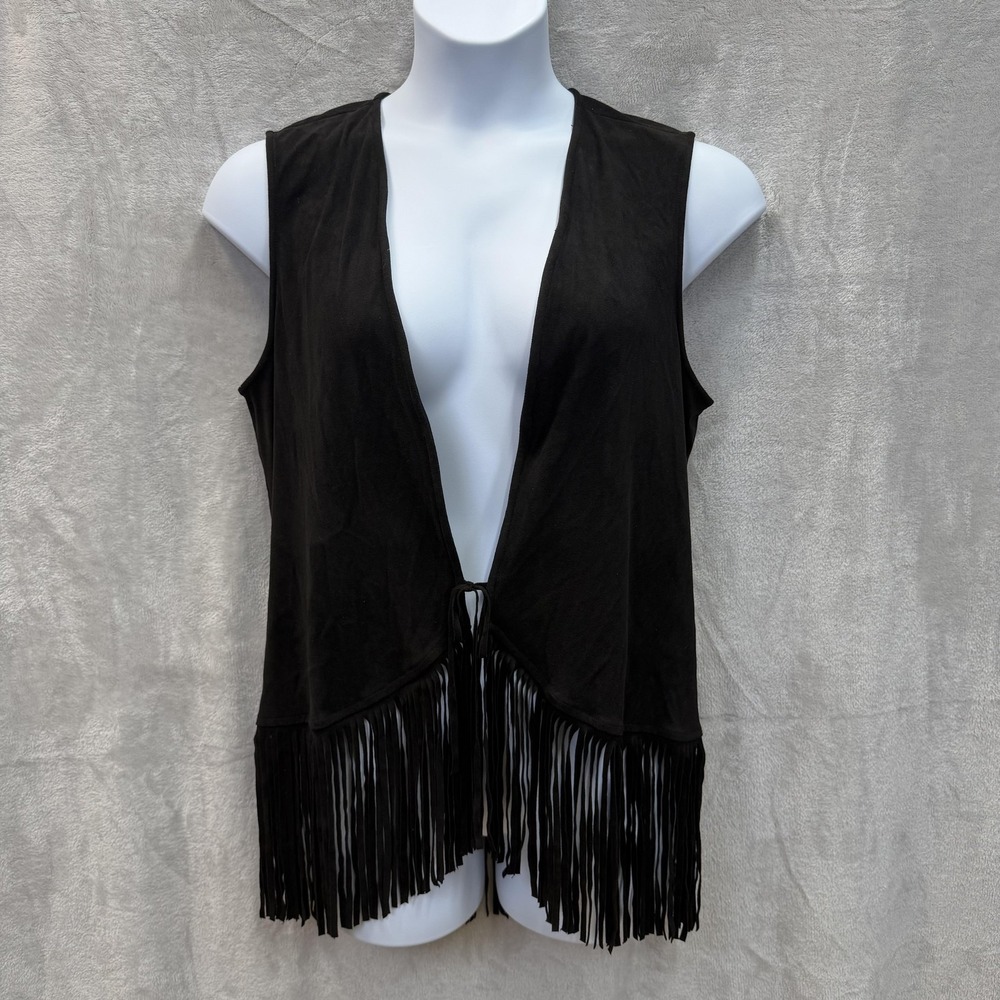 Live A Little Vest Womens L Black Fringe Open Front Boho Sleeveless Long